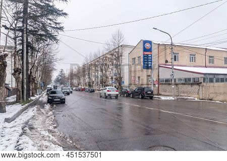Kutaisi, Georgia - March 18, 2022: View On Davit Aghmashenebeli Avenue With Price Board Of Gulf Gas 