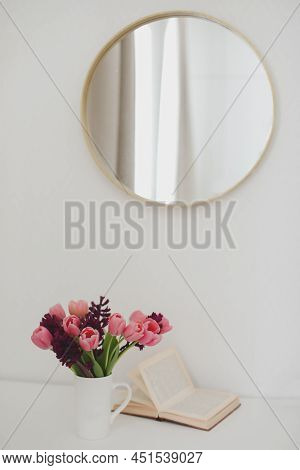 Pink Tulip Bouquet In Daylight. Spring Stll Life, Birthday, Easter Concept.