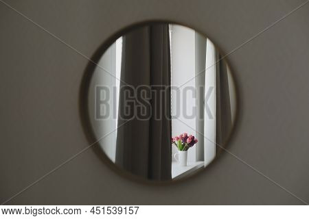 Pink Tulip Bouquet In Daylight. Spring Stll Life, Birthday, Easter Concept.