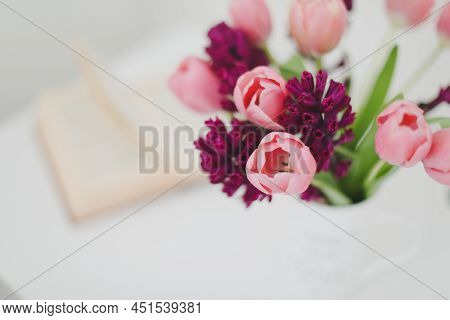 Pink Tulip Bouquet In Daylight. Spring Stll Life, Birthday, Easter Concept.