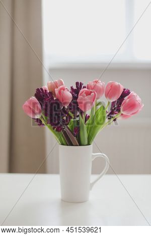 Cozy Spring Home Decor With A Pink Tulip Bouquet In Daylight. Spring Stll Life, Birthday, Easter Con