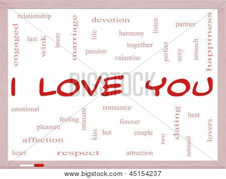 Ich liebe Sie Word Cloud-Konzept auf einem Whiteboard