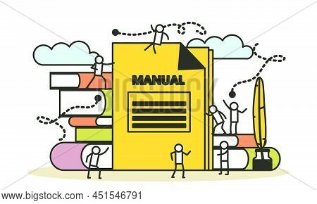 Man And Woman Create Document Book Manual. Business Handbook Advice Content Vector. Online Web Paper