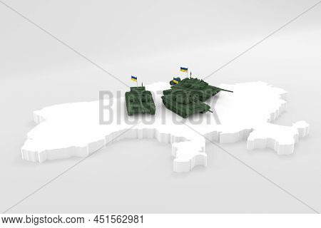 Stylich 3d Map Of Ukraine In Shades Of Grey With Tanks On It On Light Background