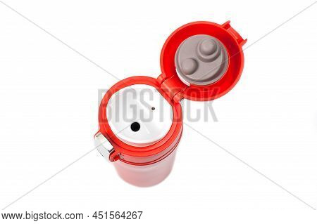 Thermos Cup With Red-orange Vacuum Lid For Long-term Storage Of Hot And Cold Drinks. For Fitness And