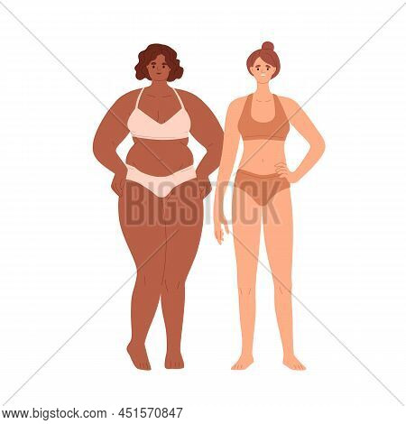 Happy Woman With Chubby Body And Sad Slim Female. People With Different Weight, Figure, Shape. Glad 