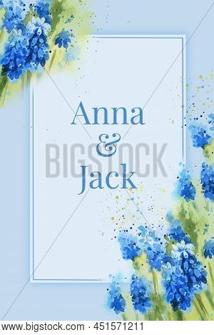 Blue Background For Greeting Card With Watercolour Spring Flowers, Hand Drawn Sketch, Romantic Illus