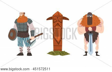 Powerful Viking Warriors With Battle Axe And Sword. Scandinavian Totem Pole Cartoon Vector Illustrat