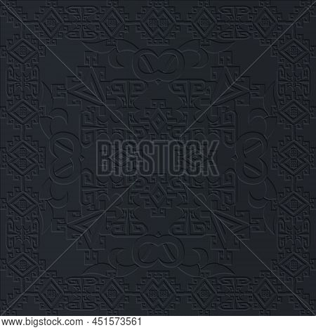 Dark Black Embossed 3d Seamless Pattern. Textured Tribal Ethnic Background. Vector Repeat Surface Ba
