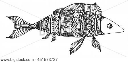 Fish Graphics Doodle, Hand Draw Sketch, Black And White Illustration, Line Art