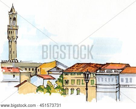 Hand Draw Sketch Florence Embankment, Markers And Liner Illustration