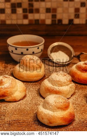 Traditional Easter Baking Served With Honey At Breakfast. Delicious Homemade Hot Buns From Sweet Yea