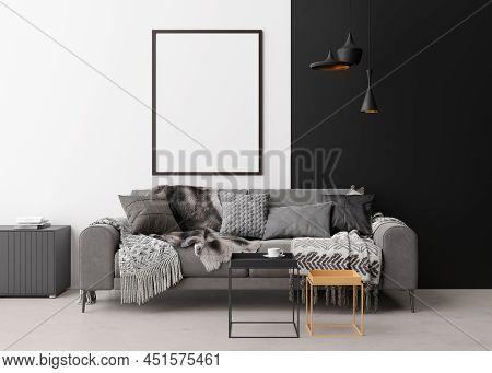Empty Vertical Picture Frame On White Wall In Modern Living Room. Mock Up Interior In Minimalist, Co