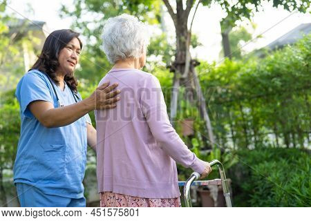 Doctor Help And Care Asian Senior Or Elderly Old Lady Woman Use Walker With Strong Health While Walk