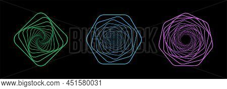 Set Of Twisted Colored Spirals. Sacred Geometry. Tunnel With Lines In The Form Of A Heptagon, Square