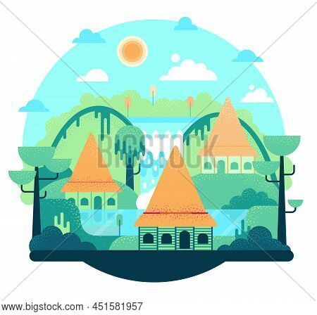 Aboriginal Houses With High Thatched Roofs. Village In Micronesia Near River. Vector Flat Cartoon Il