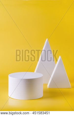 Abstract Minimal Scene Empty Stage With White Podiums On Yellow Background Photo Pedestal For Cosmet