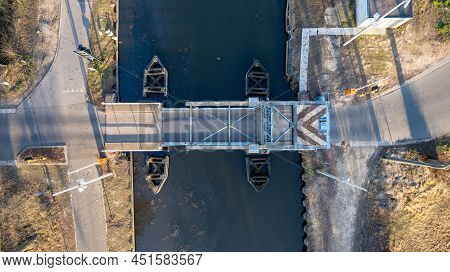 Top View Aerial With Drone Of A Draw Bridge Over The Canal Dessel-schoten In Rijkevorsel, Antwerp, B