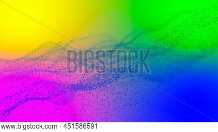 Abstract Digital Colorful Circle Of Wave Particle, On Bright Blue, Yellow, Pink And Green Background