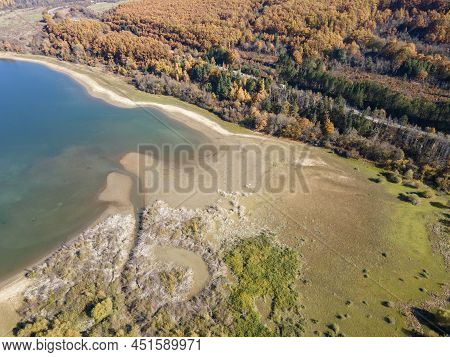 Aerial Autumn View Of Izvor Reservoir At Konyavska Mountain, Pernik Region, Bulgaria