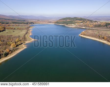 Aerial Autumn View Of Izvor Reservoir At Konyavska Mountain, Pernik Region, Bulgaria