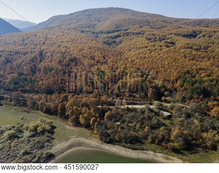 Aerial Autumn View Of Izvor Reservoir At Konyavska Mountain, Pernik Region, Bulgaria