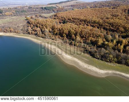 Aerial Autumn View Of Izvor Reservoir At Konyavska Mountain, Pernik Region, Bulgaria