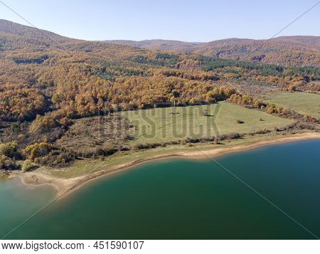 Aerial Autumn View Of Izvor Reservoir At Konyavska Mountain, Pernik Region, Bulgaria