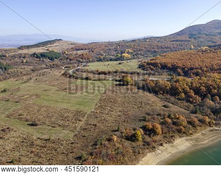 Aerial Autumn View Of Izvor Reservoir At Konyavska Mountain, Pernik Region, Bulgaria