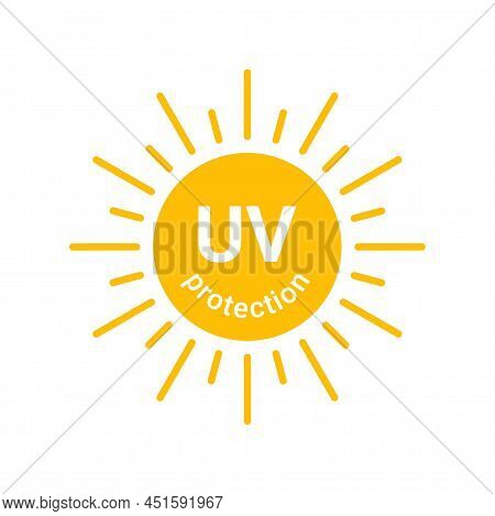 Yellow Sun With Inscription Uv Protection Icon, Sunblock From Sunshine And Solar Burn. Circle Full S