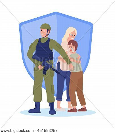 Soldier Protecting Citizens 2d Vector Isolated Illustration. Scared People In Danger Flat Characters