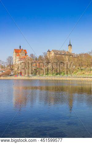 Blue Colors Of The Lake In Front Of The Castle In Seeburg, Germany