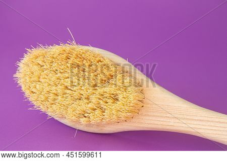 Dry Natural Bristle Brush With Wooden Handle For Anti Cellulite Massage. Close-up Of Massage Brush F