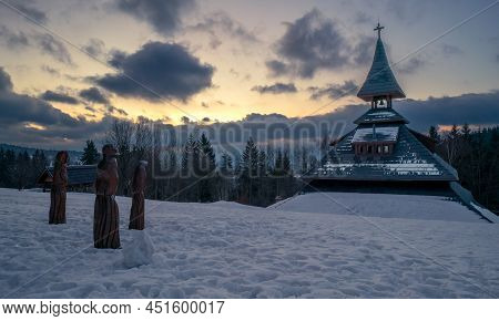 Golden Hour By Bell Tower In Traditional Carpathian Style In Solan, Beskid Mountains, Czech Republic