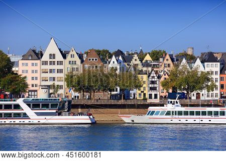 Cologne City Skyline, Germany. View Of Frankenwerft  From Rhine River.