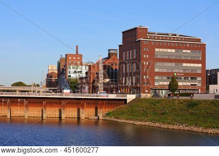 Duisburg, Germany - September 18, 2020: Skyline Of Inner Harbour (innenhafen) In Duisburg, Germany. 