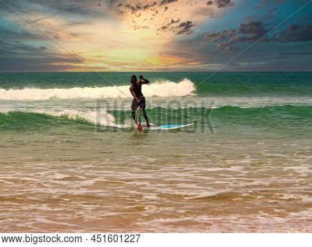 Somone, Senegal - November Circa, 2021. Unidentified Beginner Surfers On Sea , Trying To Find Good E