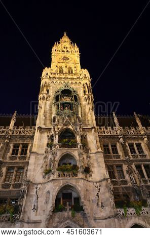 City Hall With Tall Bell Tower On Marienplatz In Munich At Night Without People
