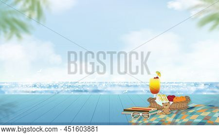 Summer Background With Picnic Food,cold Cocktail Drinks On Wood Table With Clouds On Blue Sky And Bl