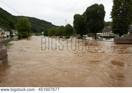 Summer Flood Of The Kyll In Muerlenbach In The Eifel In July 2021