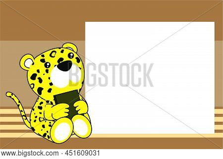 Baby Leopard Character Kawaii Cartoon Sitting Holding A Book Picture Frame Background In Vector Form