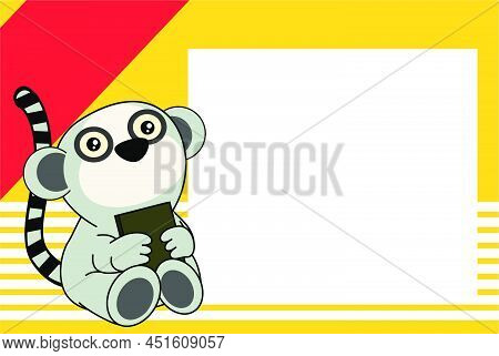 Baby Lemur Character Kawaii Cartoon Sitting Holding A Book Picture Frame Background In Vector Format
