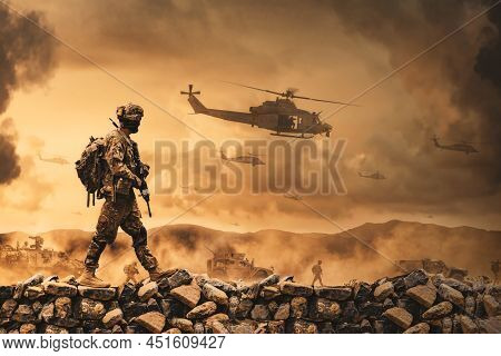 Military And Helicopter Troops On The Way To The Battlefield.