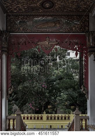 View Of Buddhist Church At The Wat Khlong Phum Temple. Focus And Blur.