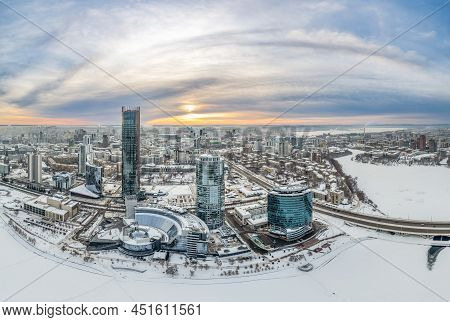 Yekaterinburg Aerial Panoramic View In Winter At Sunset. Yekaterinburg City And Pond In Winter.