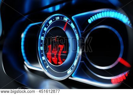 3d Illustration Of The New Car Interior Details. Speedometer Shows A Maximum Speed Of 147 Km  H, Tac