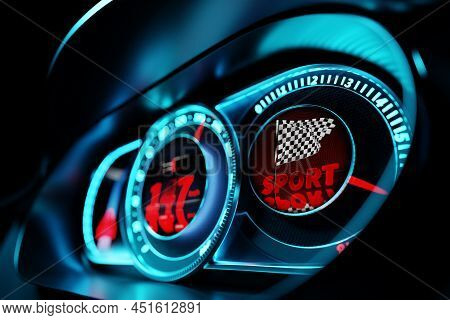 3d Illustration Of New Car Interior Details. The Speedometer Shows The Maximum Speed Of 147 Km H, Th