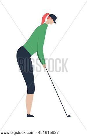 Healthy Lifestyle Flat Composition With Isolated Character Of Woman Playing Golf With Brassie On Bla