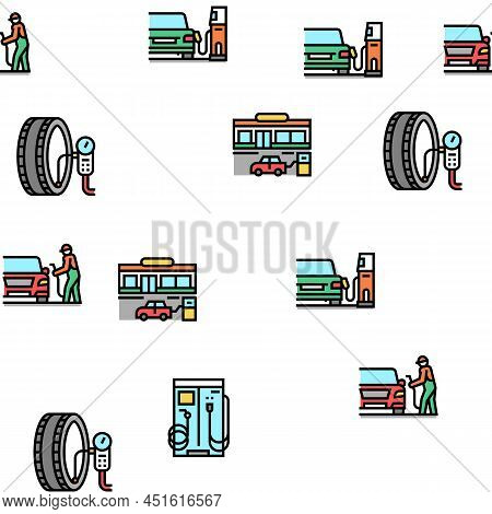 Gas Station Refueling Equipment Vector Seamless Pattern Thin Line Illustration