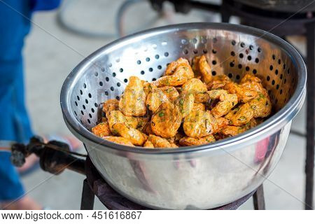 Fried Spicy Fish Pancake, Recommend Thai Local Food For Traveler And Tourist. Deep Fried Fish Paste 